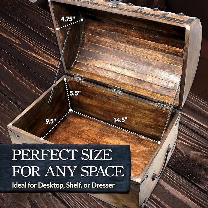 Nautical Cove Handmade Pirate Treasure Chest for Kids Prizes & Classroom with Lock and Skeleton Keys – Lockable Wooden Storage Chest Box, Pirate Decor, Decorative Wooden Box - X-Large 16x11x10.5