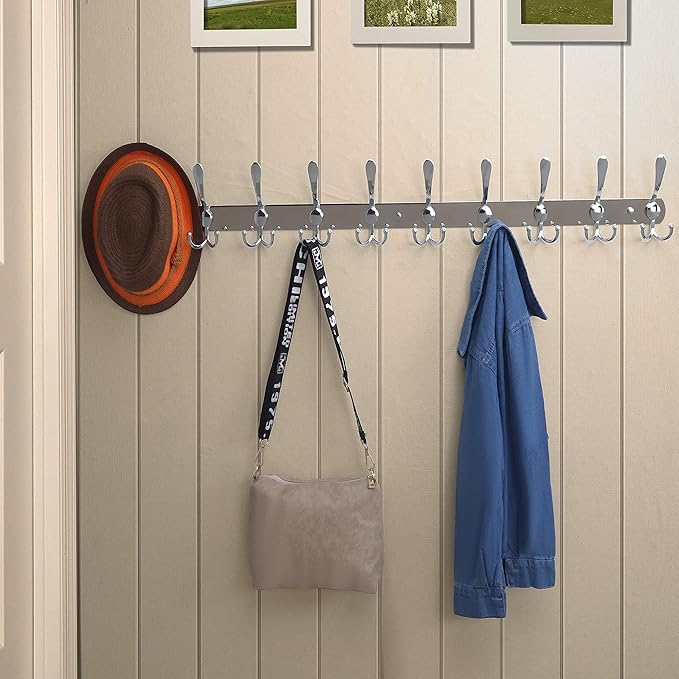 Dseap Coat Rack Wall Mount - 38” Long 10-Tri-Hooks Heavy Duty Coat Hanger Rail Wall Hooks for Hanging Coats Hats Clothing Clothes Purse Mudroom Entryway, Chromed, Pack of 2
