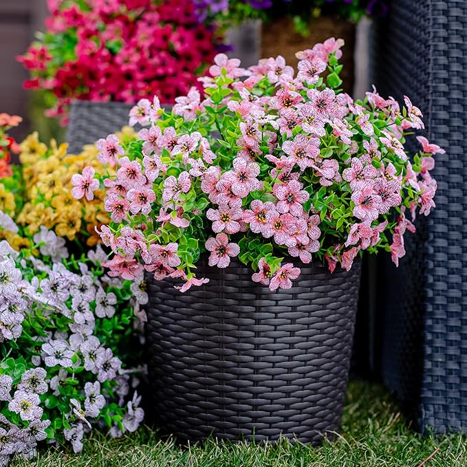 Artificial Flowers for Outdoors Fake Plants - 16 Bundles Faux Outside Greenery Boxwood No Fade Plastic Shrubs Fall Decor Farmhouse Home Garden Thanksgiving Mums (Pink)