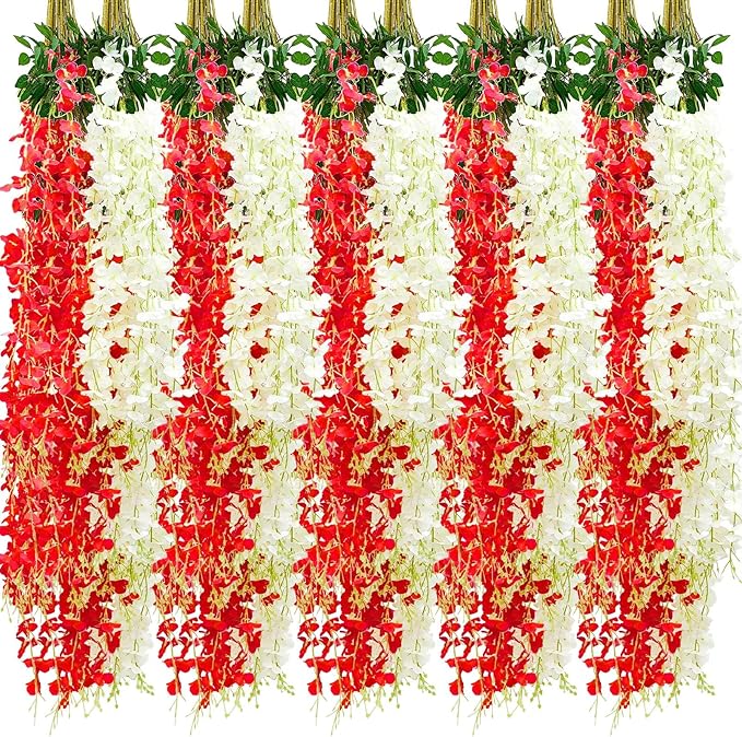 Giegxin 24 Pcs Artificial Wisteria Hanging Flowers 3.6 ft Artificial Fake Wisteria Vine Rattan Hanging Garland Silk Flowers String for Wall Home Wedding Party Greenery Decorations (Dark Red,White)