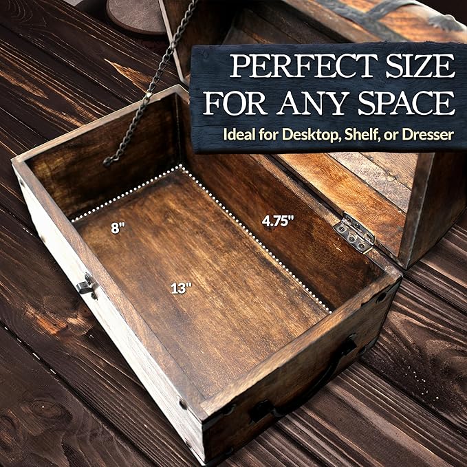 Nautical Cove Handmade Pirate Treasure Chest for Kids Prizes & Classroom with Lock and Skeleton Keys – Lockable Wooden Storage Chest Box, Pirate Decor, Decorative Wooden Box - Large 13x8x8.25