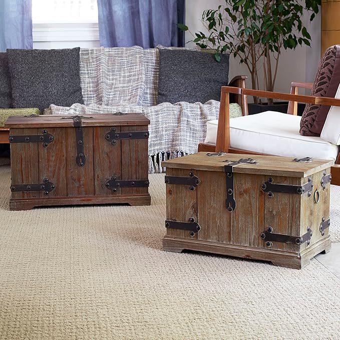Household Essentials 2 Piece Decorative Trunks, Victorian Set, Small and Large, Chinese Fir Wood, Aged-Wood Finish with Metal Accents, Fully Opening Lid, Stout Design, Ring Handles