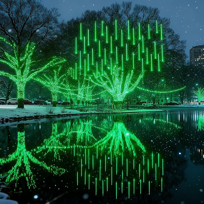 Joomer Christmas Lights Outdoor, 11.8 inch 10 Tubes 240 LED Meteor Shower Lights, LED Snow Falling Icicle Cascading Light with Timer Waterproof and Connectable for Christmas Decoration (Green)