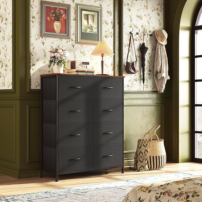 WLIVE Tall Fabric Dresser with 8 Drawers, Storage Tower with Fabric Bins, Double Dressers, Chest of Drawers for Closet, Bedroom, Living Room, Hallway, Dorm, Black and Rustic Brown