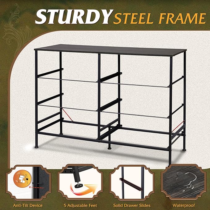 WLIVE 6 Drawer Dresser for Bedroom, Wide Fabric Dresser TV Stand for 50 Inches TV with Metal Frame, Wooden Top, Chest of Drawers, Dressers for Living Room, Hallway, Charcoal Black Wood Grain Print