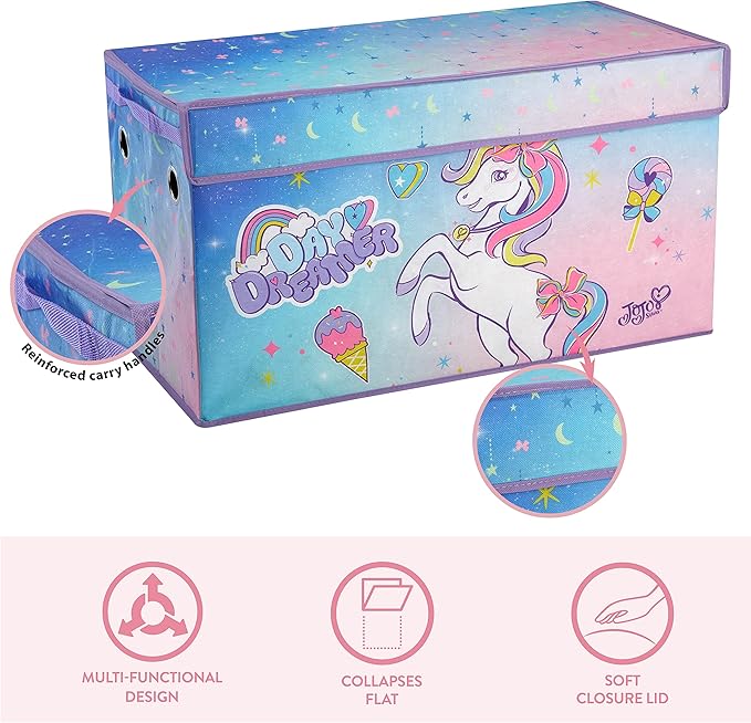 Idea Nuova JoJo Siwa Unicorn Bow Day Dreamer Collapsible Children’s Storage Trunk, Durable with Soft Lid, 28.5"x14.5"x16"