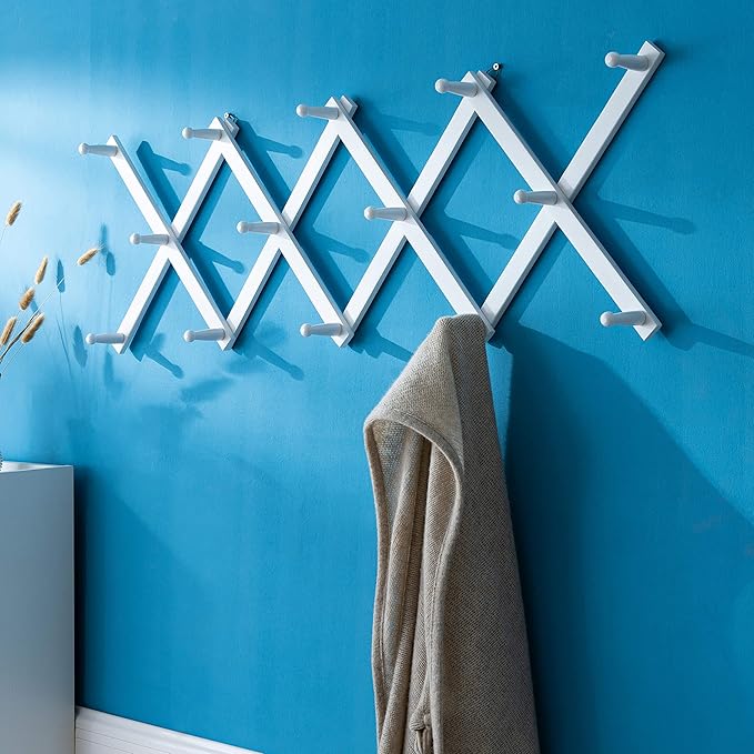 SKOLOO Hat Rack for Wall with 14 Hooks, Pack of 2, Solid Wooden, Modern, Expandable Coat Rack Wall Mount for Coats, Hats, Bags, Baseball Caps, White
