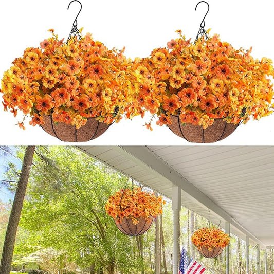 Orgrimmar 2 Pack Artificial Fall Mums Hanging Basket - UV Resistant Fake Hanging Plants with Realistic Silk Mums & Eucalyptus, Coconut Lining Baskets for Home Porch Balcony Patio Yard (Orange)