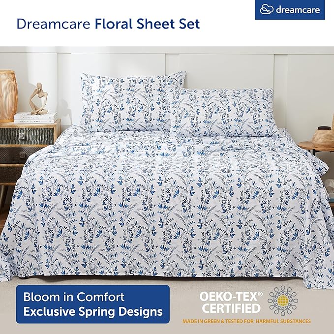 DREAMCARE Full Size Bed Sheets - Luxurious Floral Full Sheet Set - 4 Pc Ultra Soft Breathable Wrinkle Free Brushed Microfiber Floral Blue