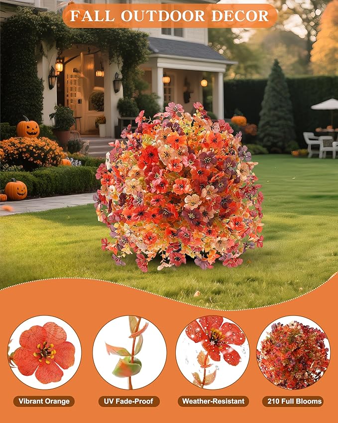 Artificial Mums Topiary Ball Tree With Flowers for Outdoors Fall Decor,Orange UV Resistant Fake Plants With Ground Spike Autumn Decorations for Home,Front Porch,Garden,Thanksgiving,Planters