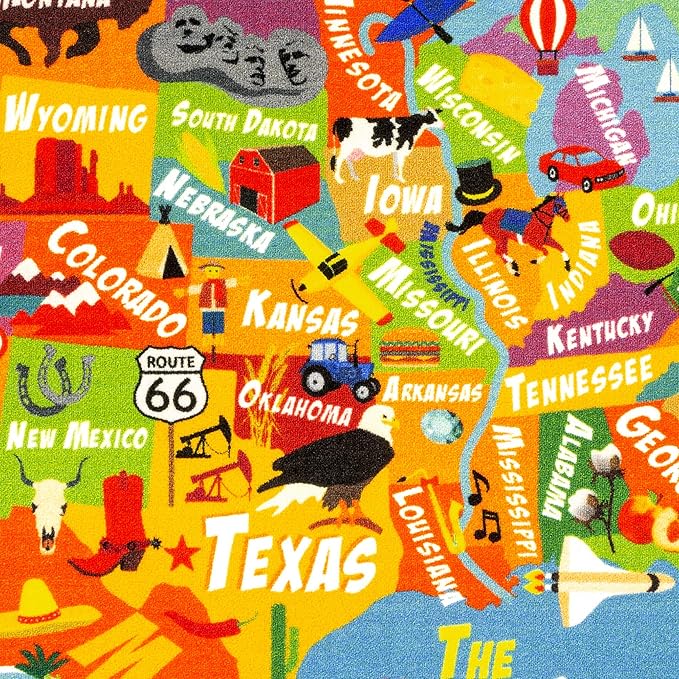 KC Cubs 8x10 USA United States Map Toy Car Road Rug – Educational Play Mat Carpet for Kids, Toddlers, Nursery, Classroom, Playroom, Baby Daycare
