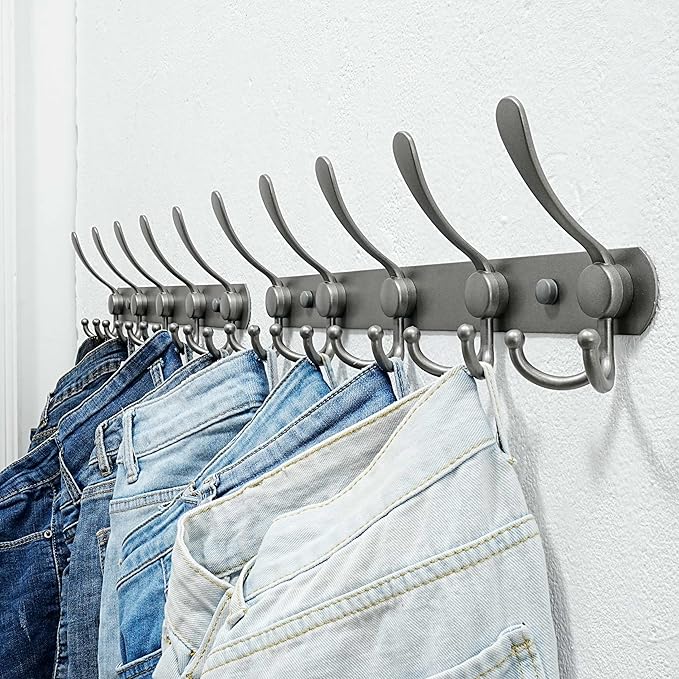 Dseap Coat Rack Wall Mounted - 5 Tri Hooks, Heavy Duty, Stainless Steel, Metal Coat Hook Rail for Coat Hat Towel Purse Robes Mudroom Bathroom Entryway (Grey, Pack of 2)