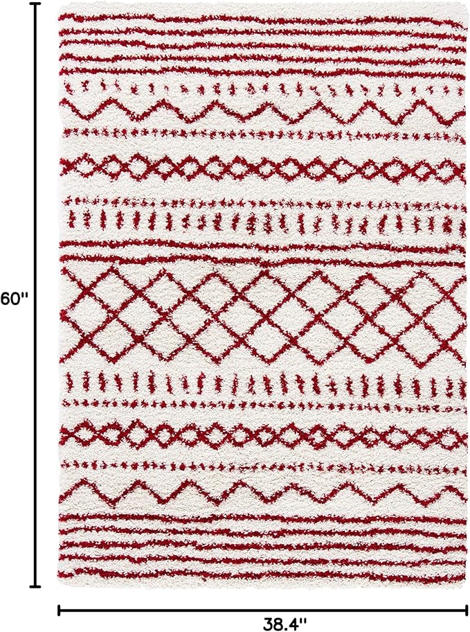 SAFAVIEH Arizona Shag Collection Accent Rug - 3'2" x 5', Ivory & Red, Moroccan Design, Non-Shedding & Easy Care, 1.6-inch Thick Ideal for High Traffic Areas in Entryway, Living Room, Bedroom (ASG741P)