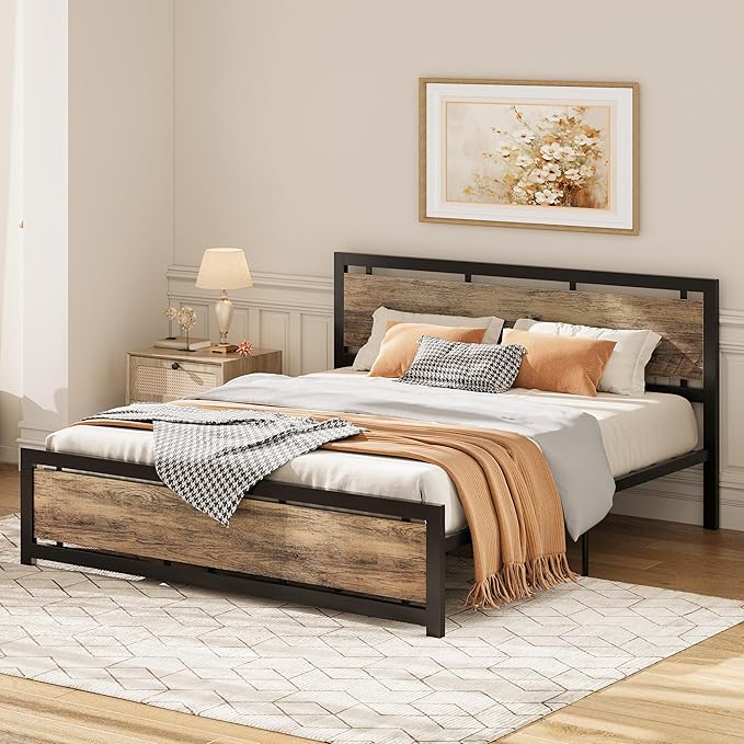 LIKIMIO California King Bed Frame with Headboard and Footboard, Metal Strong Supports, Easy Assembly, Noise-Free, No Box Spring Needed, Walnut