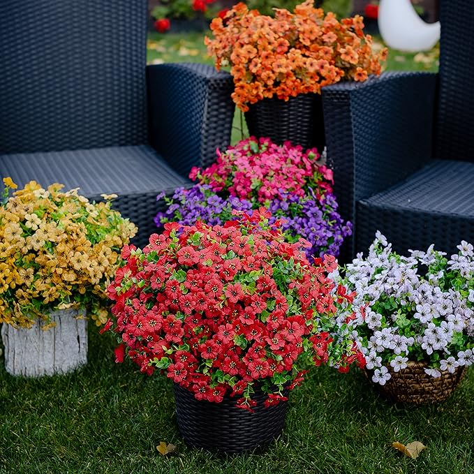 Artificial Flowers for Outdoors Fake Plants - 16 Bundles Faux Outside Greenery Boxwood No Fade Plastic Shrubs Fall Decor Farmhouse Home Garden Thanksgiving Mums (PureRed)