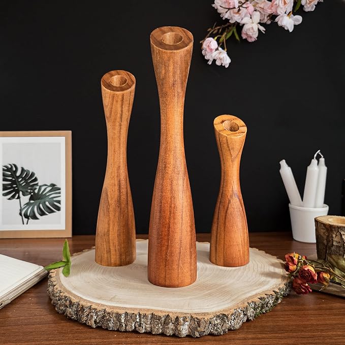 OLEEK Wooden Taper Candle Holders - Woods Taper Candle Holders for Table Centerpiece - Wood Candlestick Holders (9", 8", 6") Wooden Candlestick Holder for 7/8" candlesticks - Candlestick Holders Wood