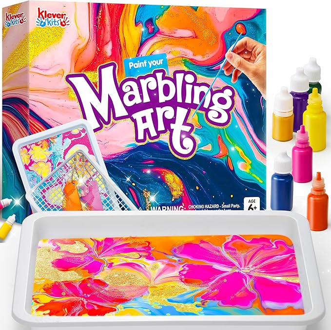 Klever Kits Marbling Paint for Kids, Metallic Gold Water Marble Paint Art, Arts and Crafts for Girls & Boys 6-12 Years Old, Craft Kits, Birthday Gifts Ideas Activities Toys