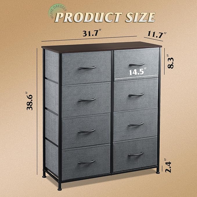 WLIVE Fabric Dresser for Bedroom, Tall Dresser with 8 Drawers, Storage Tower with Fabric Bins, Double Dressers, Chest of Drawers for Closet, Living Room, Hallway, Dark Gray