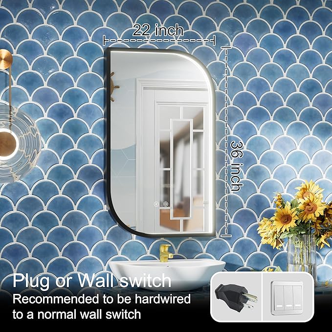 22x36 Inch LED Bathroom Mirror, Adjustable 3000K/4500K/6000K, Irregular Black Frame Lighted Bathroom Vanity Mirror with Lights, Stepless Dimmable, Anti-Fog, Wall Mounted