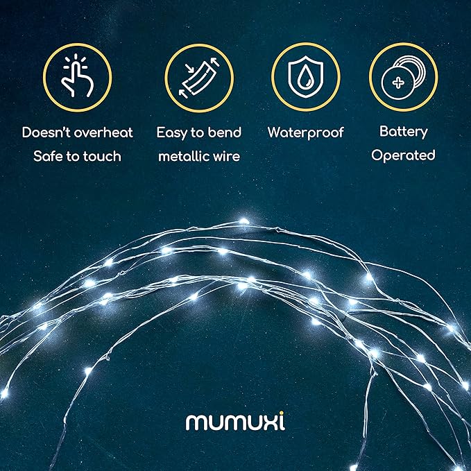 MUMUXI Battery Operated 16 Pack of Copper Wire LED Fairy Lights, 10ft Cool White, Easy to Shape, Waterproof, Indoor/Outdoor Use