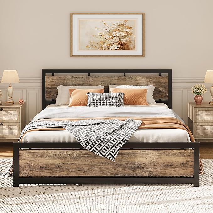 LIKIMIO California King Bed Frame with Headboard and Footboard, Metal Strong Supports, Easy Assembly, Noise-Free, No Box Spring Needed, Walnut
