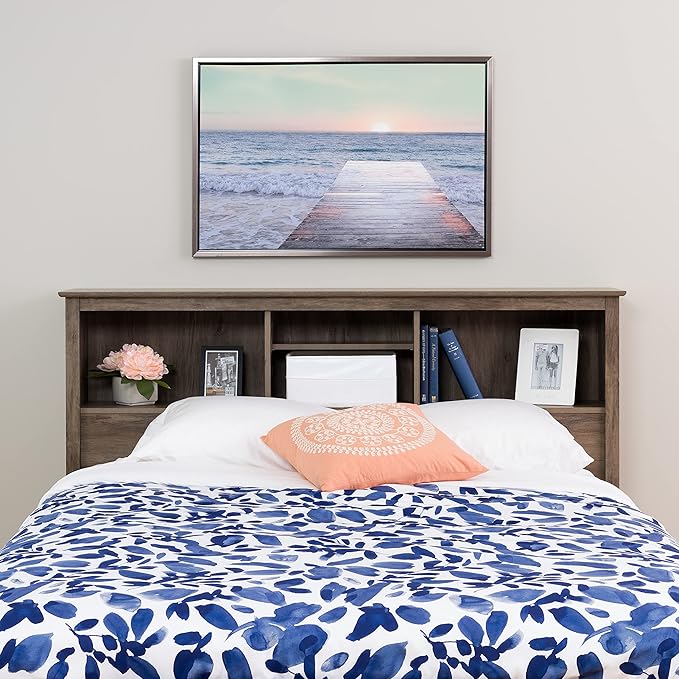 Prepac Salt Spring Rustic Full/Queen Headboard with Bookcase, Farmhouse Bookcase Headboard for Full/Queen Beds 11" D x 65.75" W x 43" H, Drifted Gray, DSH-6643-V