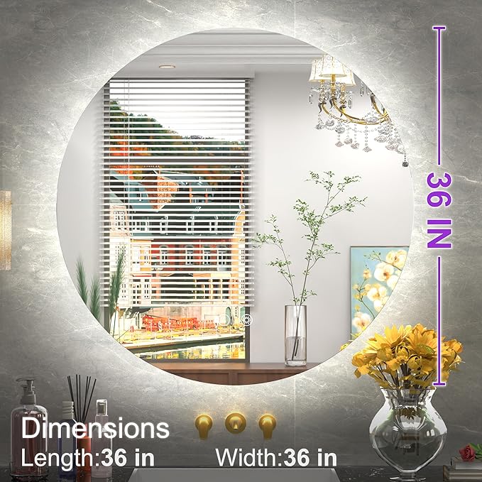 36 Inch Round LED Mirror, Backlit Bathroom Mirror with Lighted, Large Circle Vanity for Wall, Dimmable, Built-in Defoggers, 3000K/4500K/6000K