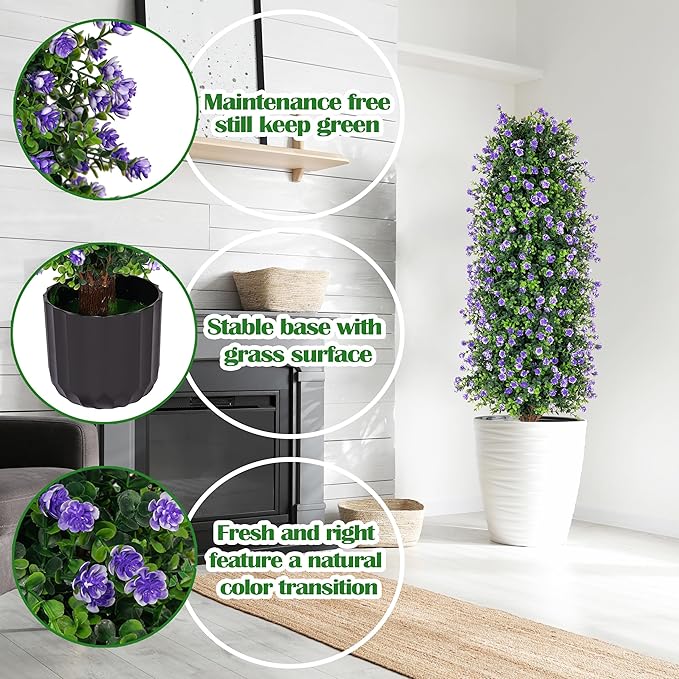 Sunnyglade 2 Packs Artificial Rose Tree 3FT- Fake Floral Plant Tree in Pot- Decorative Topiary Plant - Cement Filled Potted Faux Flower Plant for Home Office Porch Decor Indoor Outdoor (Purple)