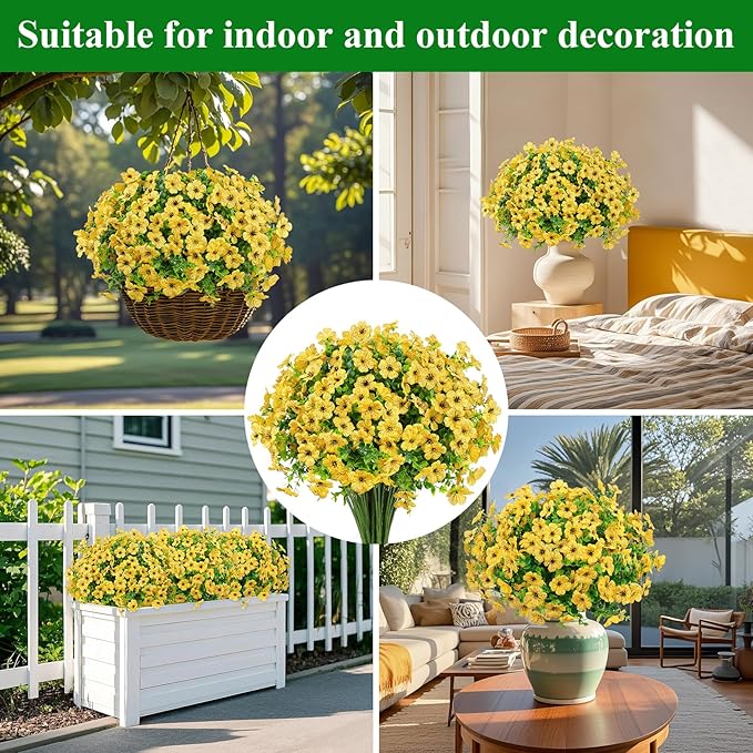 Ouddy Decor 24 Bundles Artificial Flowers for Outdoors Fake Silk Flowers UV Resistant Faux Plastic Plants for Spring Summer Garden Porch Window Box Table Vase Home Indoor Outdoor Decoration, Yellow