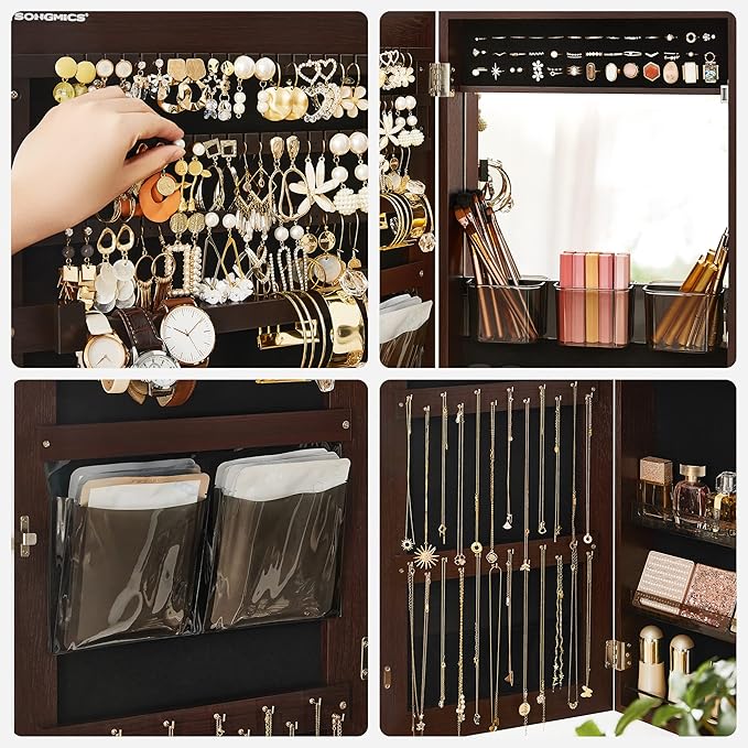 SONGMICS Jewelry Cabinet Armoire with Mirror, Wall or Door Mount Storage Organizer with Full-Length Frameless Mirror, Lockable Cabinet with Built-in Small Mirror, Shelves, Christmas Gift Idea, Brown