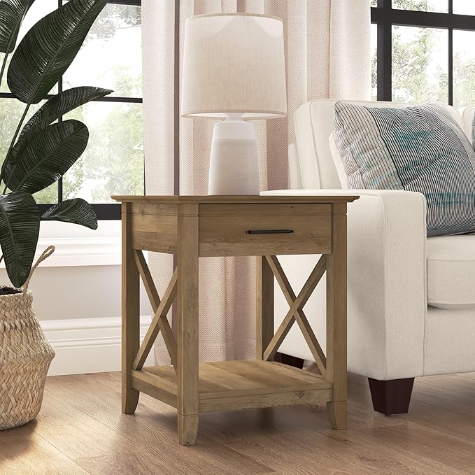 Bush Home End Table with Drawer, Nightstand with Storage, Living Room and Bedroom Furniture, Key West Collection, Reclaimed Pine