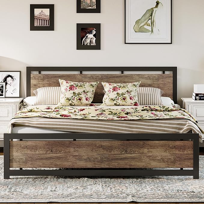 LIKIMIO King Bed Frame with Headboard and Footboard, Metal Strong Supports, Easy Assembly, Noise-Free, No Box Spring Needed, Walnut