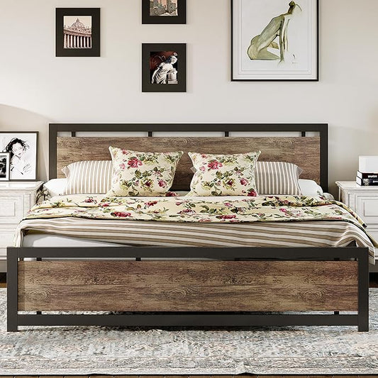 LIKIMIO King Bed Frame with Headboard and Footboard, Metal Strong Supports, Easy Assembly, Noise-Free, No Box Spring Needed, Walnut