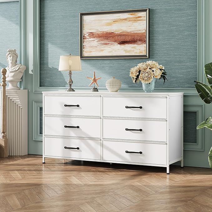WLIVE 6 Drawer Dresser for Bedroom Large, Fabric White Dresser TV Stand for 50, 55, 60 inch TV, Wide Long Chest of Drawers with Deep Drawer for Closet, Bedroom, Living Room, Hallway