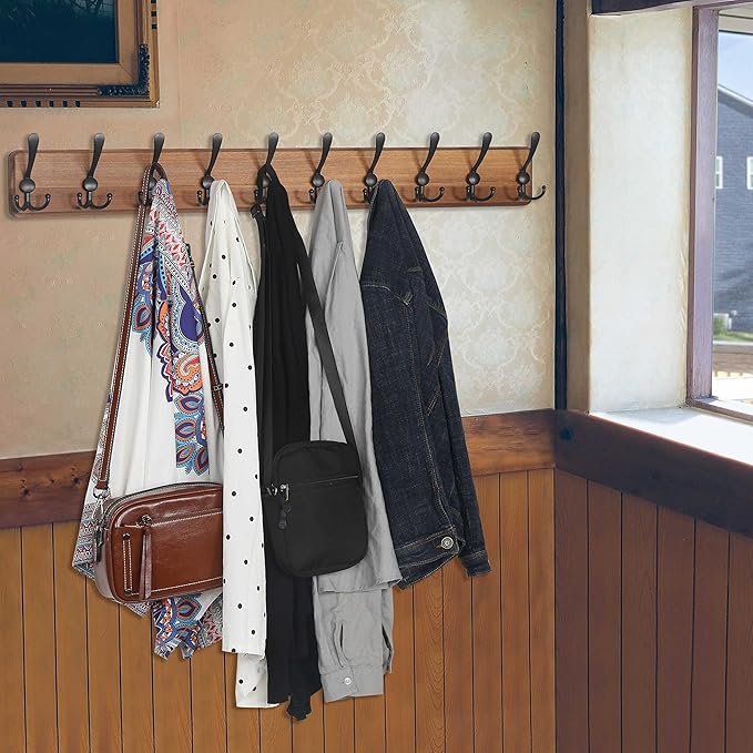 WEBI Coat Rack Wall Mount,38 9/16" Long,10 Hooks,Wood Coat Hooks Wall Mounted Coat Hanger Wall Hook Rack,Triple Hooks for Hanging Coats,Clothes,Jacket,Brown,2 Packs