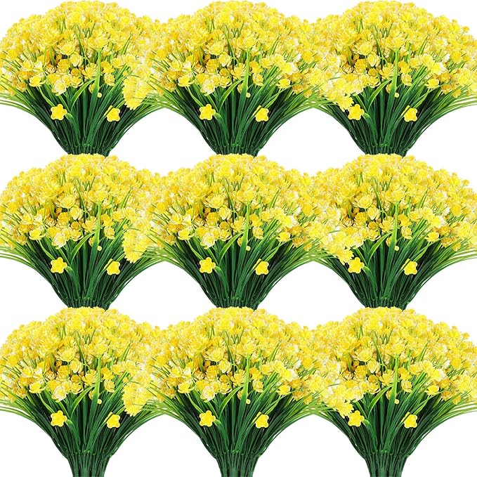 Hoteam 40 Bundles Fall Outdoor Artificial Flowers Plants Uv Resistant Outside Faux Flowers Plastic Fake Plants Outdoor Summer Four Seasons Decoration Shrubs Garden Porch, Yellow
