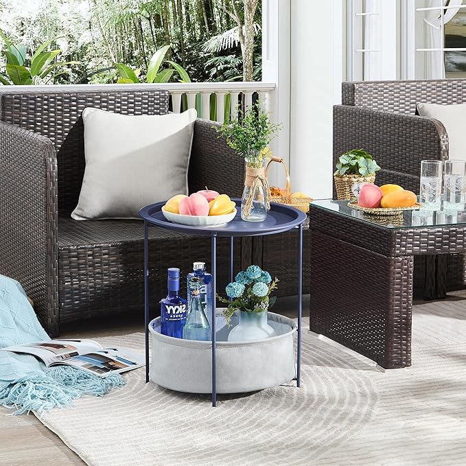 VECELO Round Side/End Table with Fabric Storage Basket，Metal Anti-Rust and Waterproof Small Bedside Nightstand with Removable Tray Top for Living Room，Balcony & Laundry，Blue /2pcs with Basket