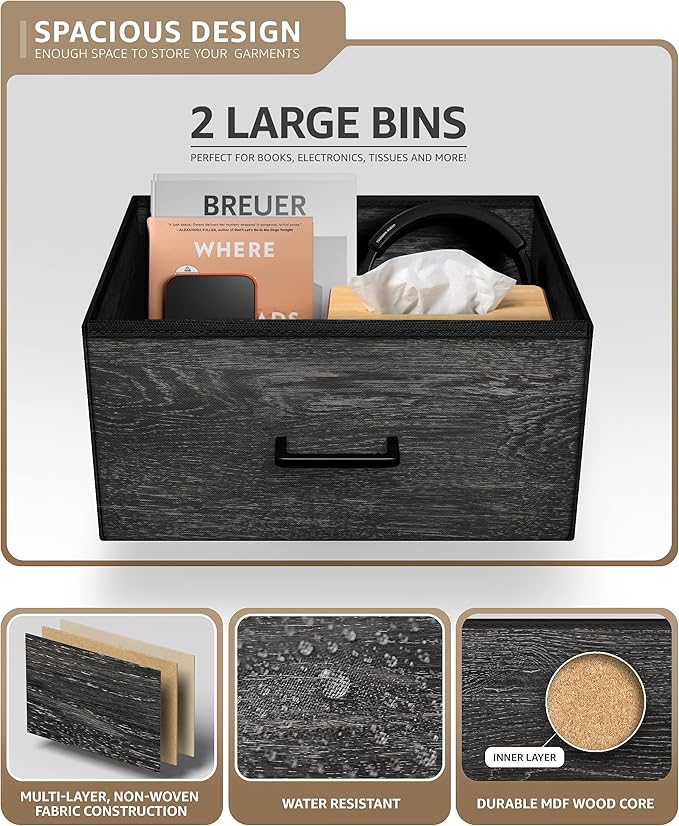 Sorbus Nightstand Dresser with 2 Faux Wood Drawers - Bedside Table Chest with Storage Bedroom, Living Room, Closet & Dorm Furniture Lamp Stand - Steel Frame, Wood Top, Easy Pull Fabric Bins