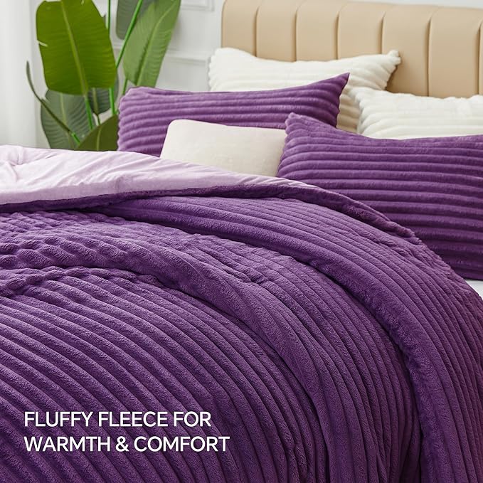 BEDELITE Fleece Queen Comforter Set -Super Soft & Warm Fluffy Purple Bedding, Luxury Fuzzy Heavy Bed Set for Winter with 2 Pillow Cases