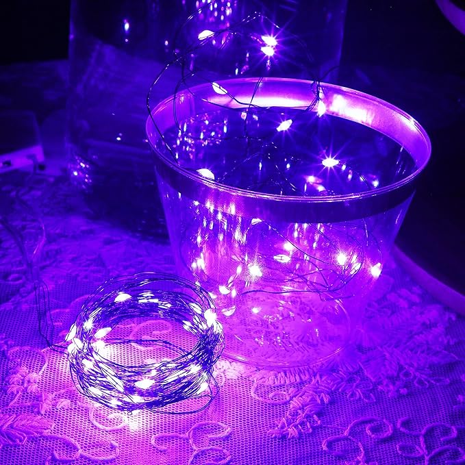 WATERGLIDE 12 Pack Halloween Fairy Lights Battery Operated (Included), 7 ft 20 LED Mini Firefly Starry String Lights, Waterproof Black Wire Light for DIY Mason Jar Table Halloween Decor, Purple