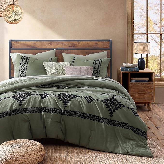 MaiRêve Oversized Queen Comforter Set Olive Green, Embroidery Western Bedding Set Boho 7 Pieces, Farmhouse All Season Bed in A Bag with Sheets, Pillowcases & Shams