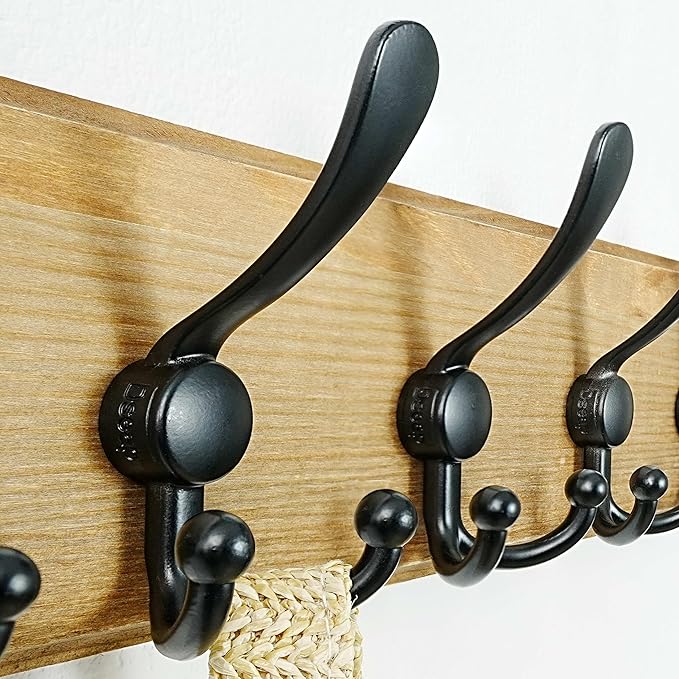 Dseap Coat Rack Wall Mount - Heavy-Duty Robust Barnwood-Style Wooden Wall Coat Hanger Hook Rail with 5 Triple Hooks for Winter Coats Hat Jacket Clothing, Weathered Brown & Black