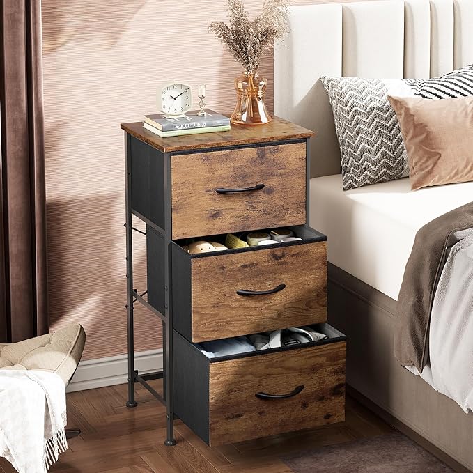 WLIVE Dresser with 3 Drawers, Fabric Nightstand, Organizer Storage Dresser for Bedroom, Hallway, Entryway, Closets, Sturdy Steel Frame, Wood Top, Easy Pull Handle, Rustic Brown Wood Grain Print