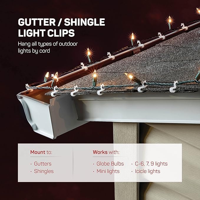 SEWANTA Christmas Light Clips - Set of 400 Mini Clips for Gutters and Shingles - Hanging Outdoor Lights - USA Made - No Tools Required