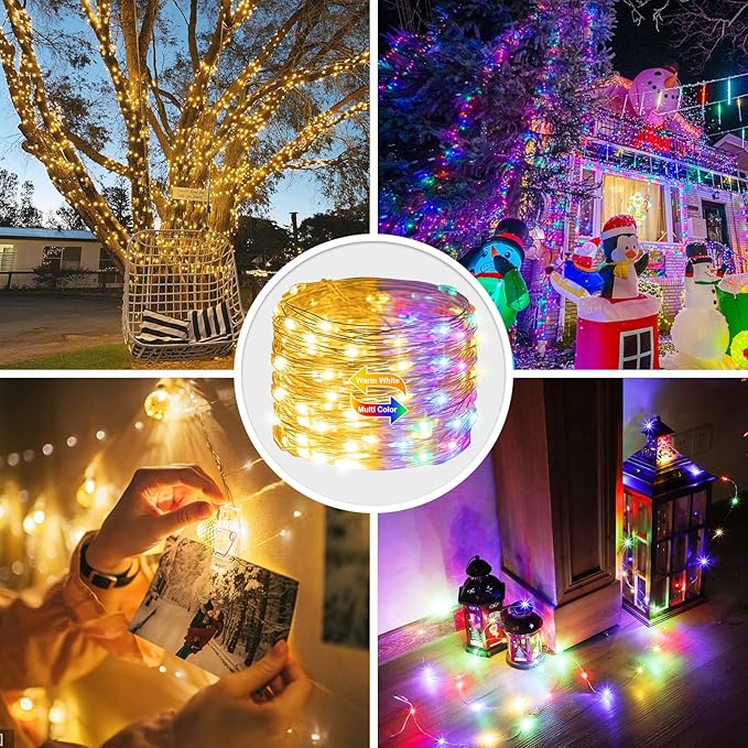 JMEXSUSS 2 Pack Color Changing Fairy Lights Battery Operated, Total 200 LED 66ft Color Changing Christmas Lights with Remote, 8 Modes Twinkle String Lights for Bedroom Decor, Warm White & Multicolor