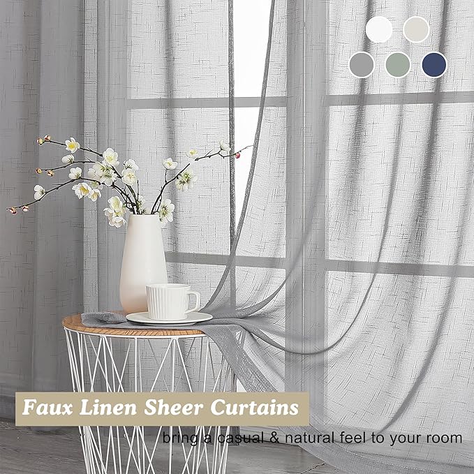 Aiyufeng Gray Sheer Curtains 54 Inch Length 2 Panel Set, Fresh Farmhouse 54 Inch Long Sheer Linen Look Airy & Lightweight Elegant Window Treatments for Bedroom/Living Room/Kitchen, 30Wx54L inch