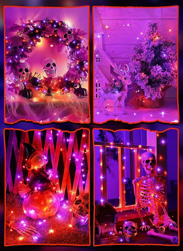 Minetom Halloween Fairy Lights Battery Operated, 5 Pack 7 FT 20 LED With Timer, Black Wire String Lights Indoor for Bedroom Party Classroom, Orange and Purple