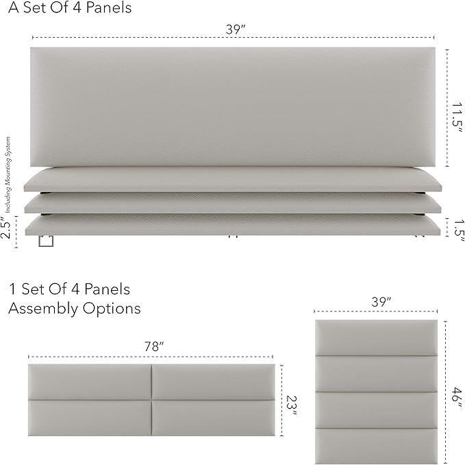 Vänt Upholstered Wall Panels - King/Cal King Size Wall Mounted Headboards – Zigrino Leather Oyster – Panel Size 39” Wide x 11.5” High - Pack of 4 Panels