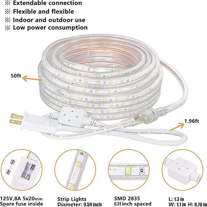 SURNIE 50ft LED Rope Lights Outdoor Waterproof, 110V Flexible Daylight White Bright Lighting Cuttable Connectable, Cool Clear Flat Strip Light 6000K for Outside Deck Patio Camping Decor, Not Tube Rope