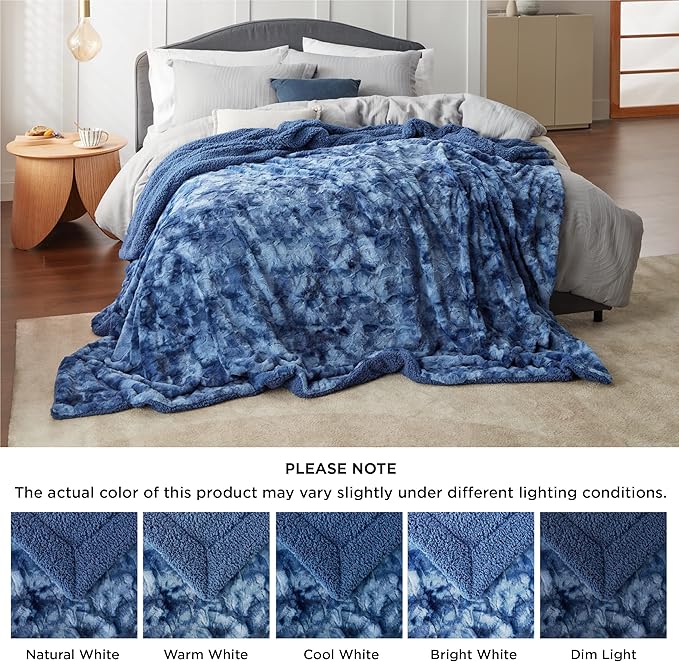 Bedsure GentleSoft Sherpa Fluffy Blanket King Size for Bed - Fleece Warm and Cozy for Women Gift, Plush & Fuzzy Faux Fur Christmas Blanket for Couch, Sofa Decor, Tie Dye Design, Indigo, 108x90 Inches